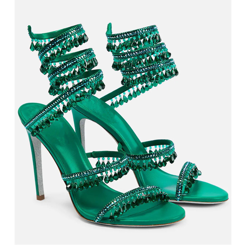 Ankle Strap Heels - 섹시한 그린 크리스탈 프린지 스틸레토 샌들