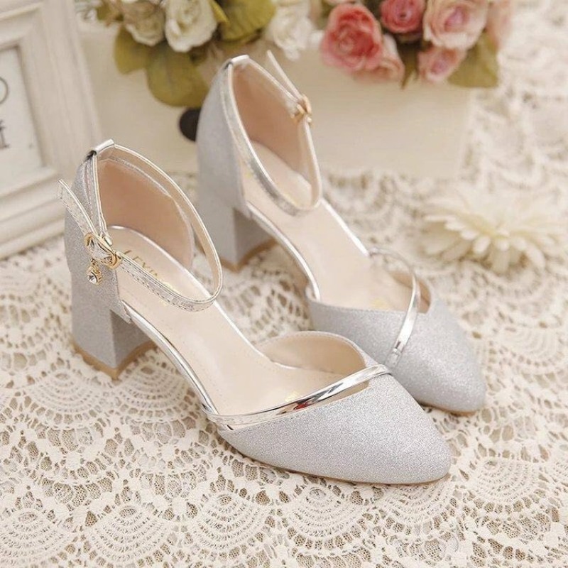 Ankle Strap Heels - 여성용 글리터 청키 블록 힐 펌프스,