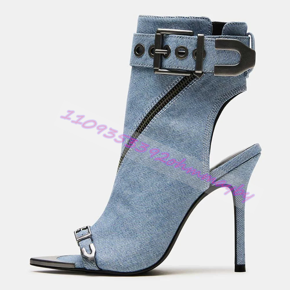Women Shoes Zipper - 여름 블루 데님 포인티드 토 부츠