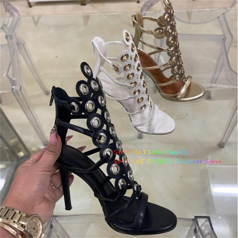 Women Shoes Zipper - 골드 메탈 원형 장식 하이힐 샌들