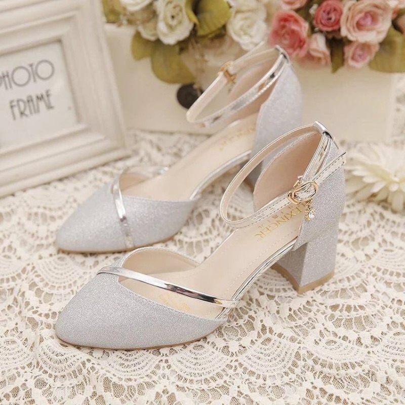 여성용 글리터 청키 블록 힐 펌프스, 라인스톤 장식의  - Ankle Strap Heels 리뷰 및 가격