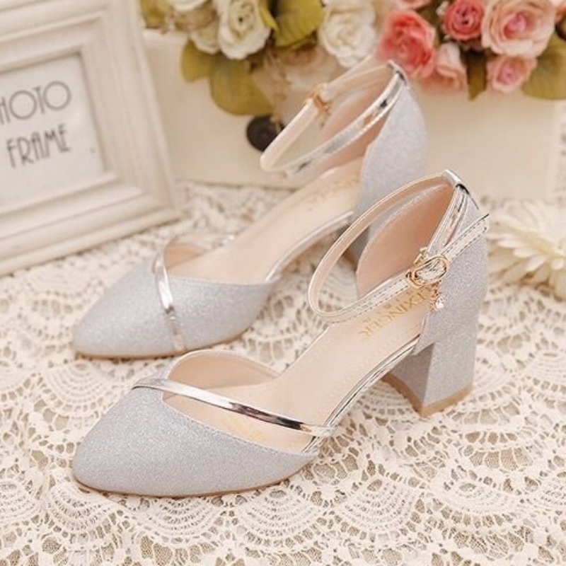 여성용 글리터 청키 블록 힐 펌프스, 라인스톤 장식의  - Ankle Strap Heels 리뷰 및 가격