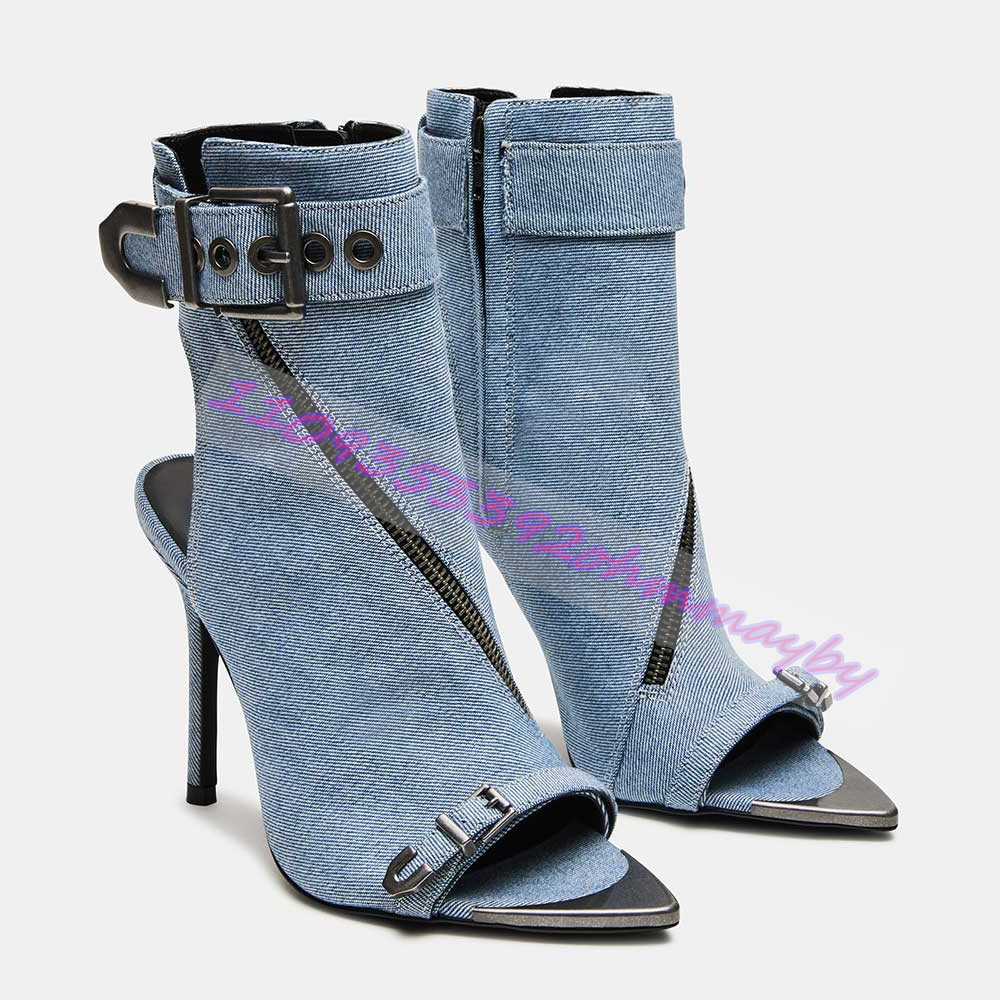 여름 블루 데님 포인티드 토 부츠 여성용 오픈 토 가죽 - Women Shoes Zipper 리뷰 및 가격