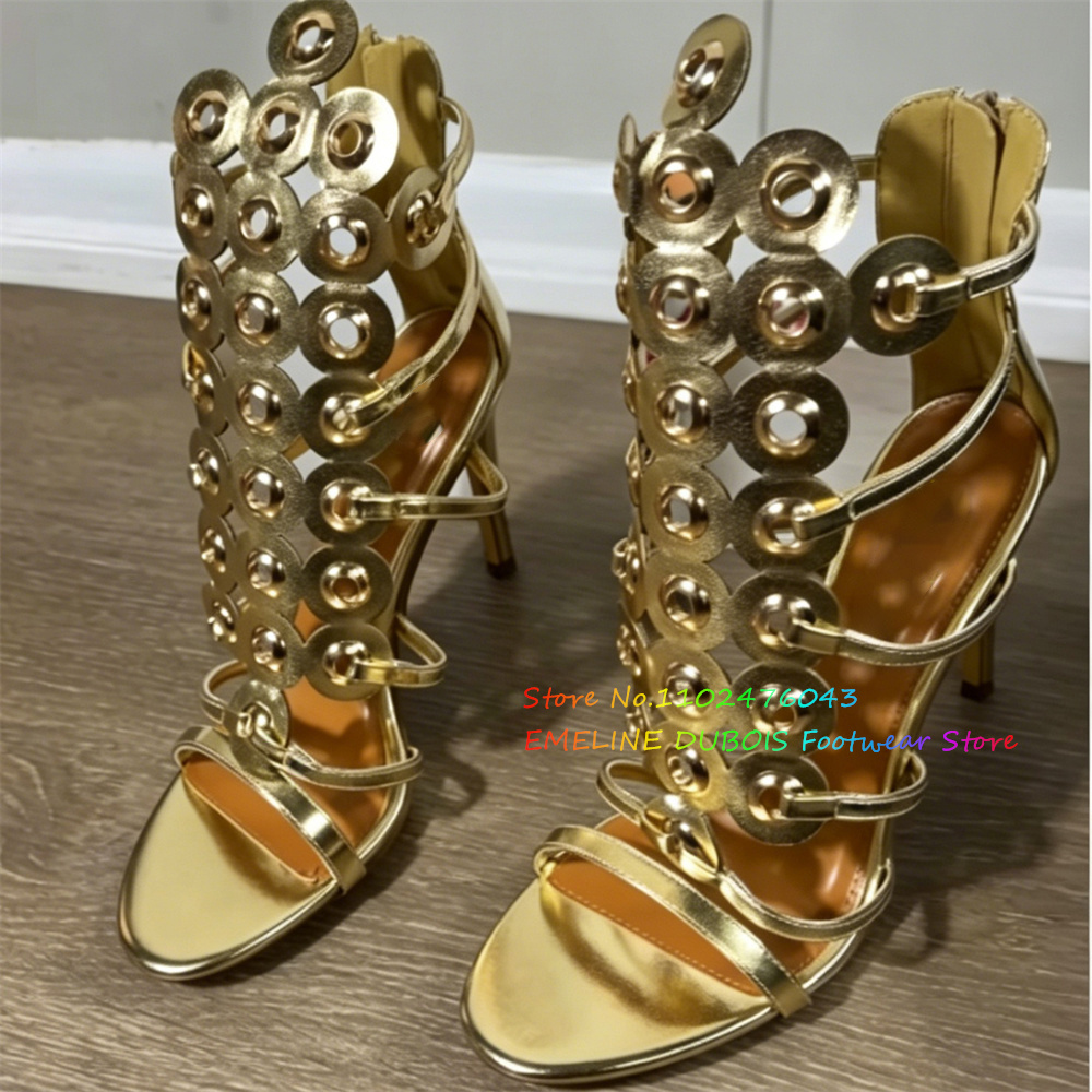 골드 메탈 원형 장식 하이힐 샌들 여성 섹시 오픈토 스 - Women Shoes Zipper 리뷰 및 가격