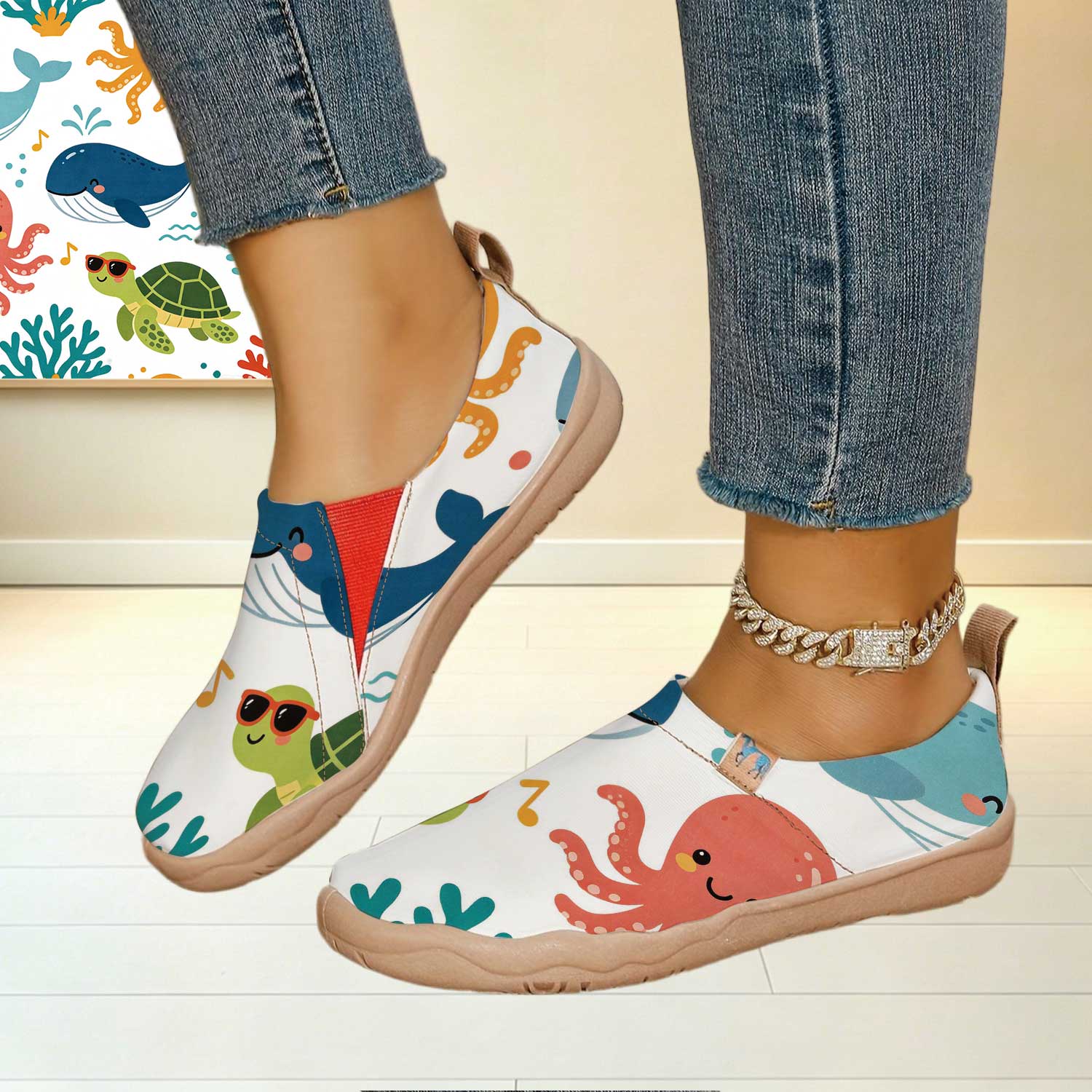 여성용 와이드 토 박스 재미있는 만화 바다 동물 프린트 - Women'S Shoes With Wide Toe Box 리뷰 및 가격